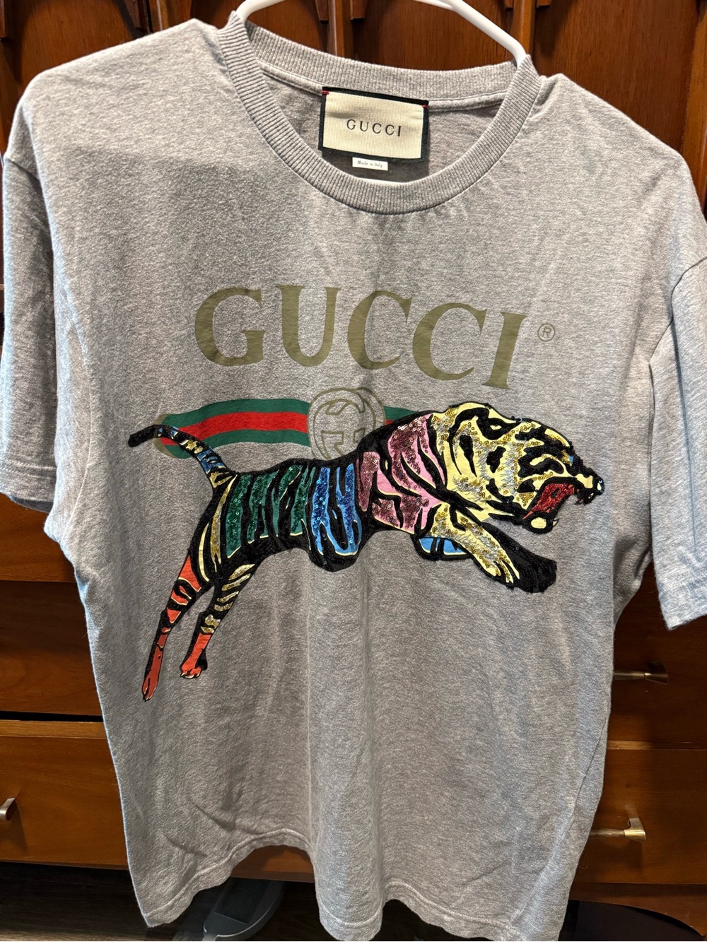 Gucci Men's unisex Grey Multicolor Tiger Logo T-Shirt